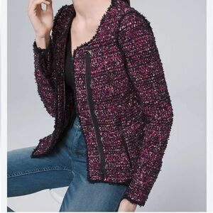 White House Black Market Amalfi Black and Purple Tweed Jacket Bomber Blazer Sz L